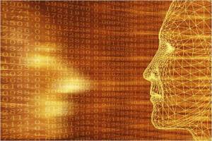 An image showing two wire mesh human faces staring at each other in an amber/orange field of numbers.