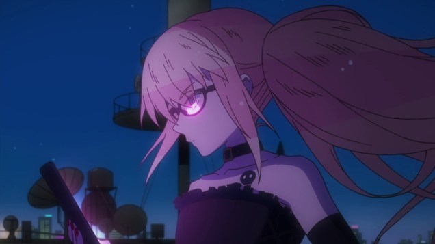 A young feminine person with light skin, a tattoo of a skull on her right shoulder, long pink hair and glasses, wearing gloves, a collar, and a corset, looking at a glowing tablet.