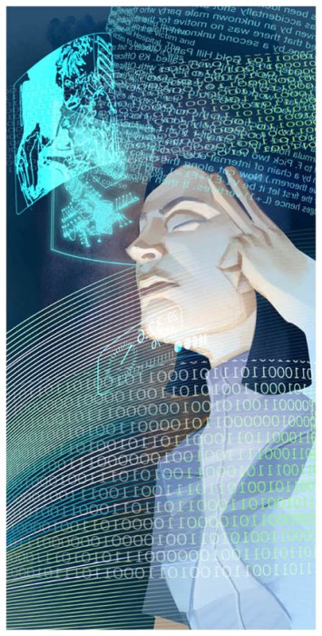 An image of a dark haired and light skinned woman, eyes closed with two fingers pressed to her temple as she is surrounded by a number of holographic images.