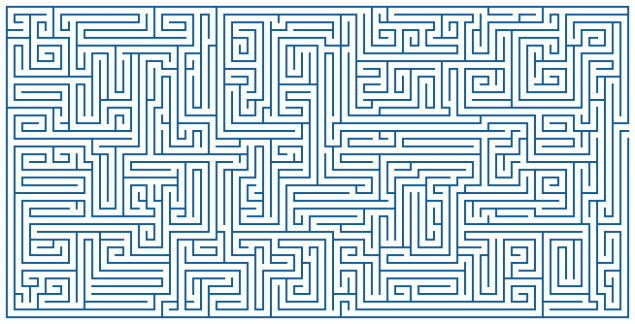 A complex, 2D maze in blue lines set against a white backdrop.