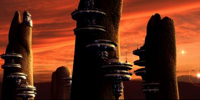 Four organic towers, each with synthetic discs jutting out up and down the length of the natural skyscrapers in a step-like pattern, set against a glowing orange sky and sunset.